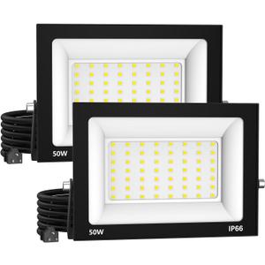 LED Flood Lights Outdoor-50W 5000lm Super Bright LED Work Light with US Plug,6500K Daylight White Floodlight,IP66 Waterproof Security Outside Lights for Yard Garage Stadium Bowfishing-2 Pack