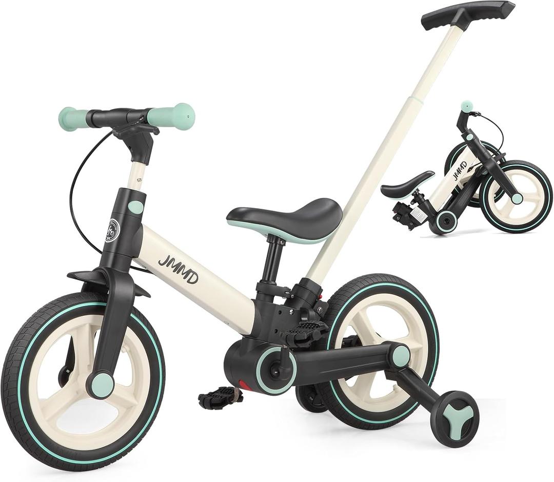 JMMD Toddler Bike with Push Handle for Kids 18-60 Months, 6 in 1 Foldable Push Bike with Training Wheels, Pedals, Brakes, Kickstand, Kid Balance Bike Gift & Toys for Boy & Girl (Large, Mint)
