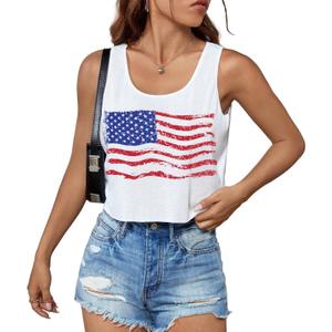 4th of July Crop Tops for Women Funny American Flag Shirts Tank Top Outfits (White, XS)
