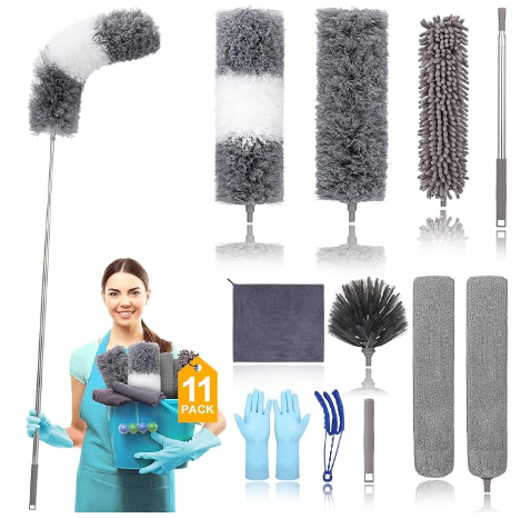 Microfiber Extendable Feather Duster (11pcs) with 100" Extension Pole, Washable Reusable Bendable Dusters for Cleaning Ceiling Fan, High Ceiling, TV, Blinds, Cars