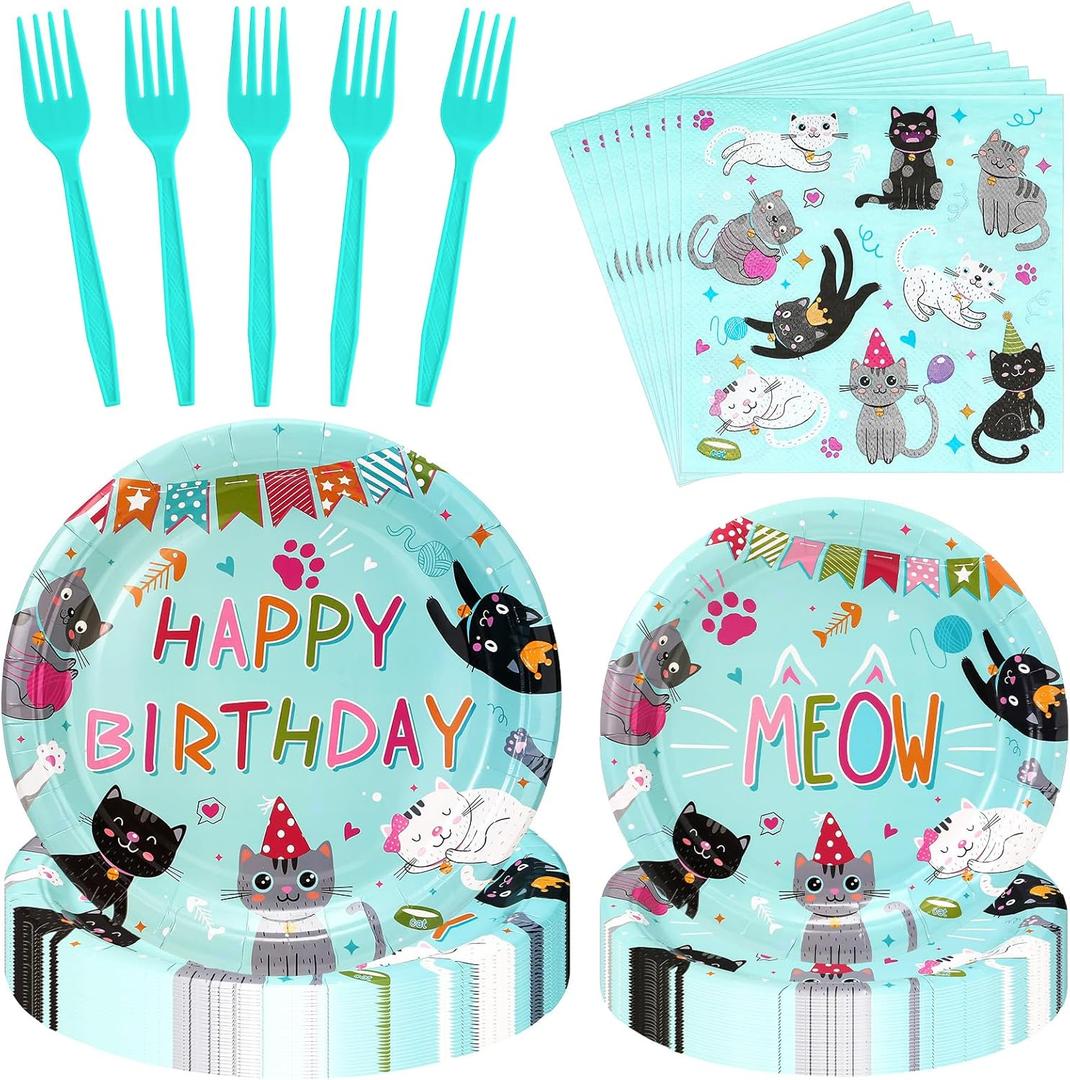 SiliFine 122 Pcs Cat Birthday Party Supplies Disposable Cat Themed Tableware Include 24 Dinner Plates 24 Dessert Plates 50 Paper Napkins 24 Forks Kitten Birthday Party Decoration for 24 Guests (Green)
