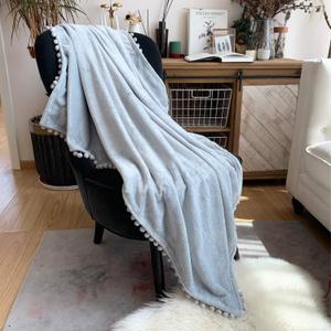LOMAO Flannel Blanket with Pompom Fringe Lightweight Cozy Bed Blanket Soft Throw Blanket fit Couch Sofa Suitable for All Season (51x63) (Light Grey, 51''x 63'')