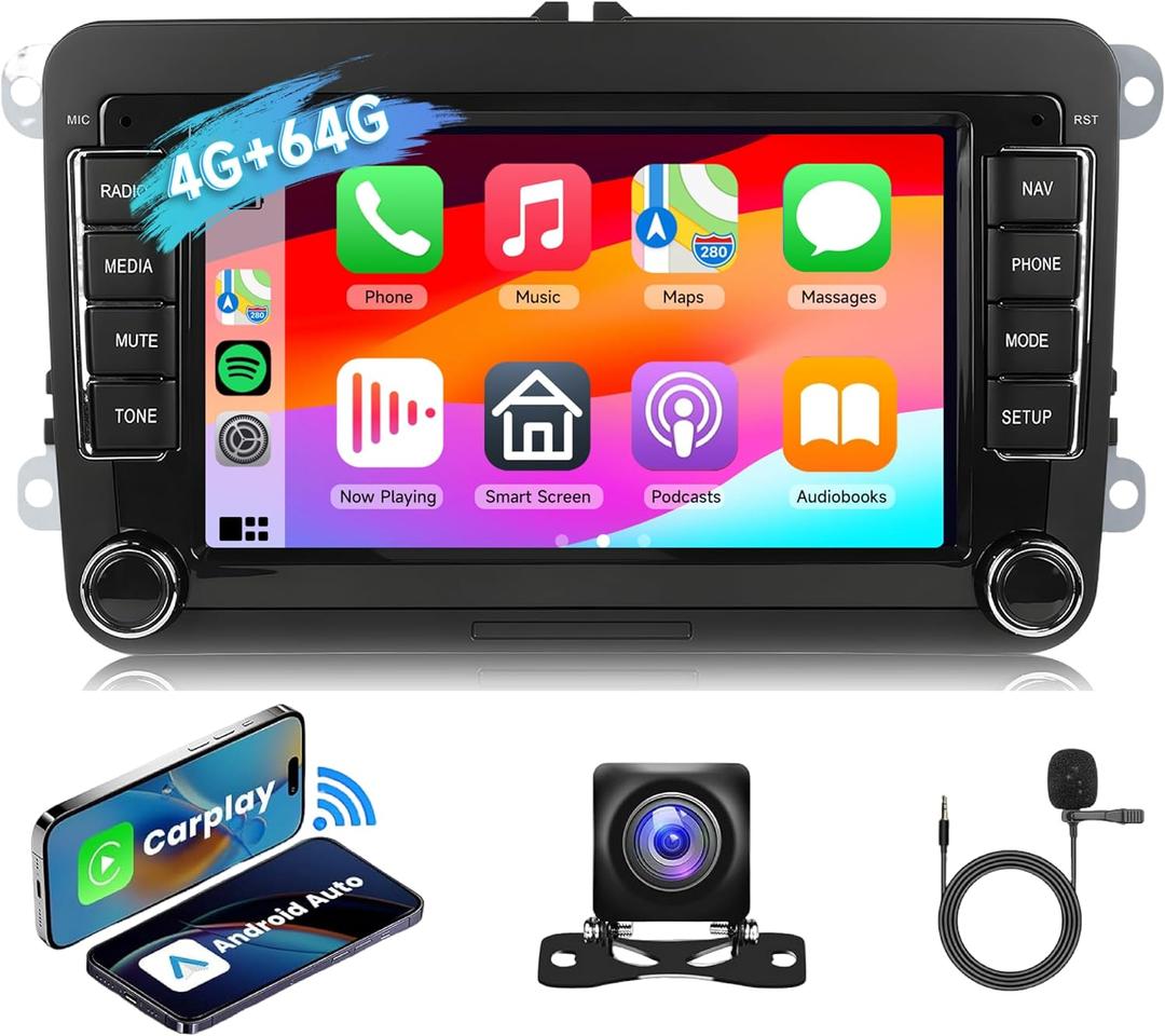 [4G+64G] Android Car Radio for VW Jetta Passat Golf Beetle Polo Caddy Tiguan Touran for SEAT Altea for Skoda with Wireless CarPlay Android Auto, 7 Inch Touch Screen Car Stereo with Bluetooth/GPS/WiFi