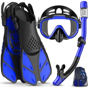 Snorkeling Gear for Adults Men Women,4 in 1 Snorkel Set with Panoramic View Diving Mask Anti-Fog Anti-Leak,Dry Top Snorkel,Fins and Travel Bag for Swimming,Snorkeling and Travel Diving (Small-Medium, BLUE)