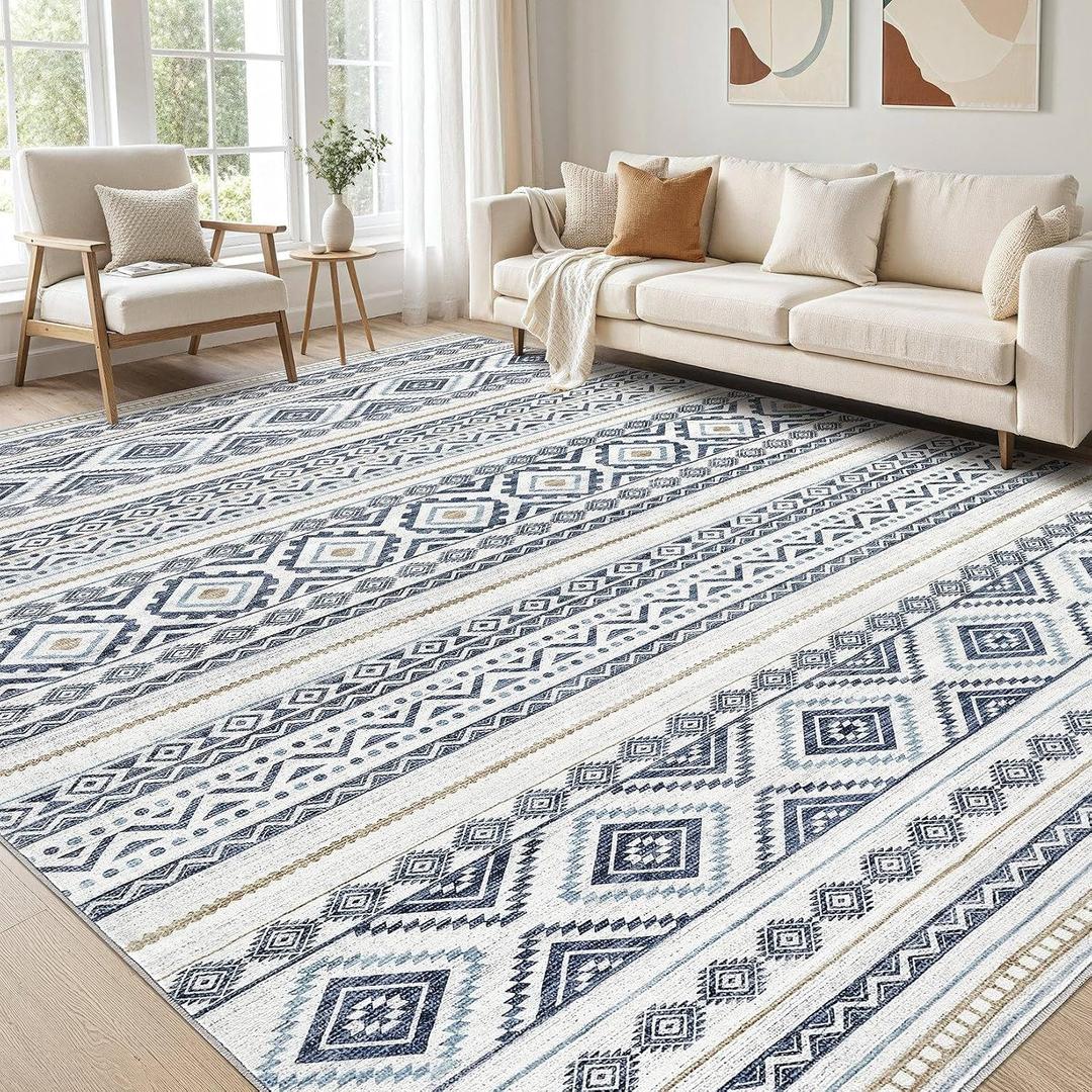cotiled 10x14 Area Rug Living Room: Washable Boho Rugs with Non Slip Backing Large Soft Indoor Stain Resistant Carpet for Bedroom Farmhouse Dining Room Lightweight Home Decor Blue