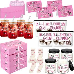 Potchen 32 Pcs Galentine's Day Gift Set Include 17 oz Galentine Glass Cup Makeup Bag Sock Rose Scented Candle Greeting Card Envelope with Box Valentine Friendship Gifts for Women Female Sister