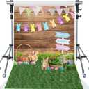 5x7ft Easter Photography Backdrops Wooden Eggs Green Grass Colorful Bokeh Photography Background Floral Bunny Decoration Backdrop Easter Photo Background for Baby Show Children