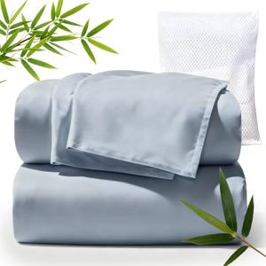 TWK Genuine 100% Viscose Derived from Natural Bamboo Bed Sheets Set,Cooling & Silky Soft Bed Sheets,Deep Pocket Up to 18",with a Laundry Bag (French Blue, King)