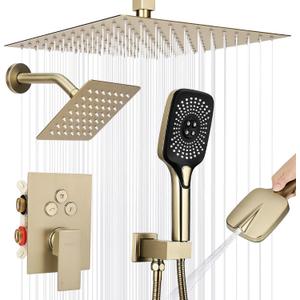 Shower Faucet Set Rainfall Shower System Push Button Diverter Shower Faucet with 4 in 1 Handheld, Ceiling Mount 12 Inch Shower Head and 6 Inch Wall Mount Shower Head (Brushed Gold)