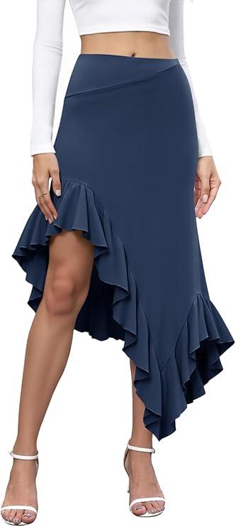 Yousify Womens Ruffle Midi Skirts Casual High Waisted Flowy Swing Boho Handkerchief Hemline Stretchy Asymmetrical Skirt L