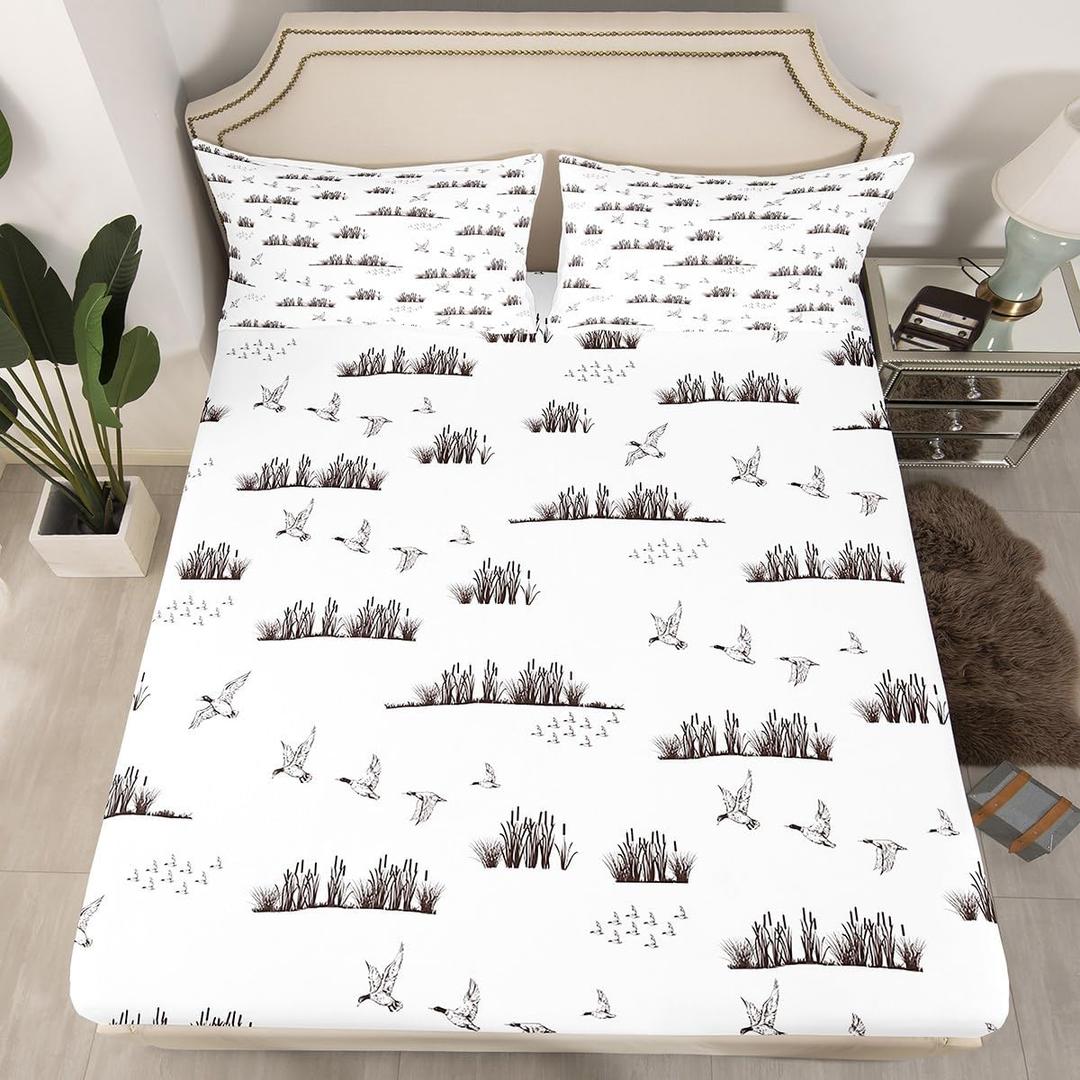 Hunting Duck Fitted Sheet Queen Size,Sketch Duck and Lake Leaves Bedding Set for Kids Boys Men Teens Cabin Room Decor,Rustic Farmhouse Animals Bed Sheet Grey White Deep Pocket Sheet,2 Pillowcases (QUEEN (W60*L80*H16"))