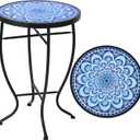 Elevon 14 Inch Round Side Ceramic Tile Top Indoor and Outdoor Accent Table, Greek