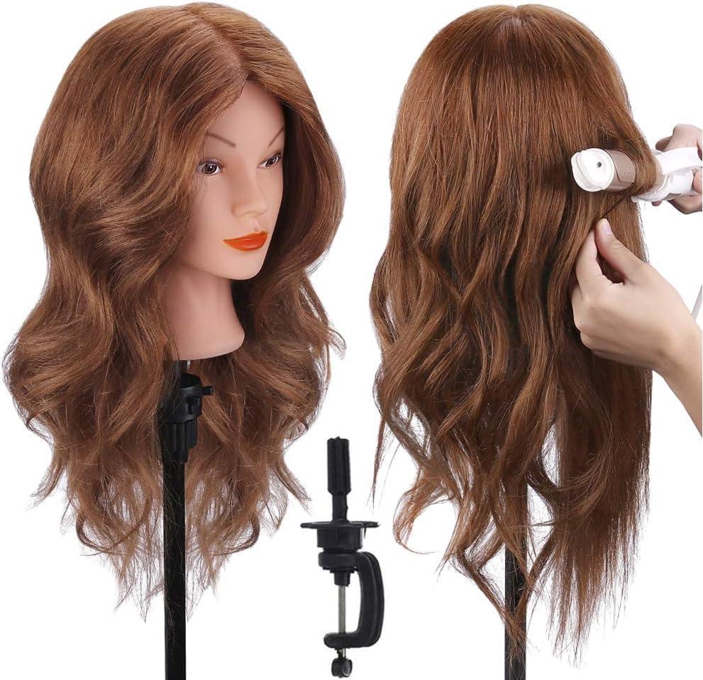 Mannequin Head with 100% Human Hair, TopDirect Real Hair Cosmetology Mannequin Head Hair Styling Hairdressing Practice Training Doll Head with Clamp Holder and Tools (Dark Brown)