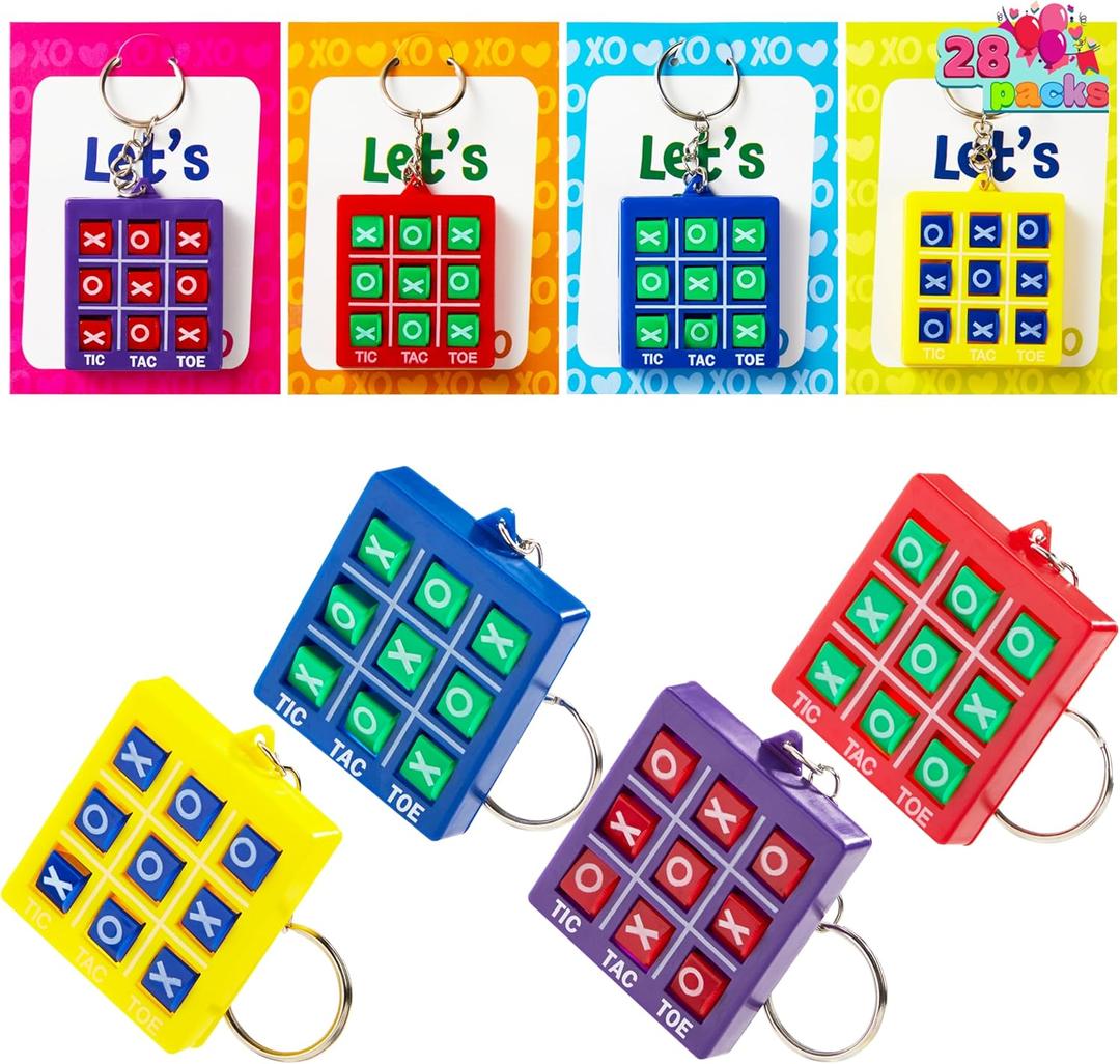 JOYIN 28 Pcs Valentine's Day Gift Cards with Tic-Tac-Toe Keychain, Valentines Days Keychain Set for Kids Party Favor, Classroom Exchange Prizes, Exchange Greeting Cards for Boys Girls