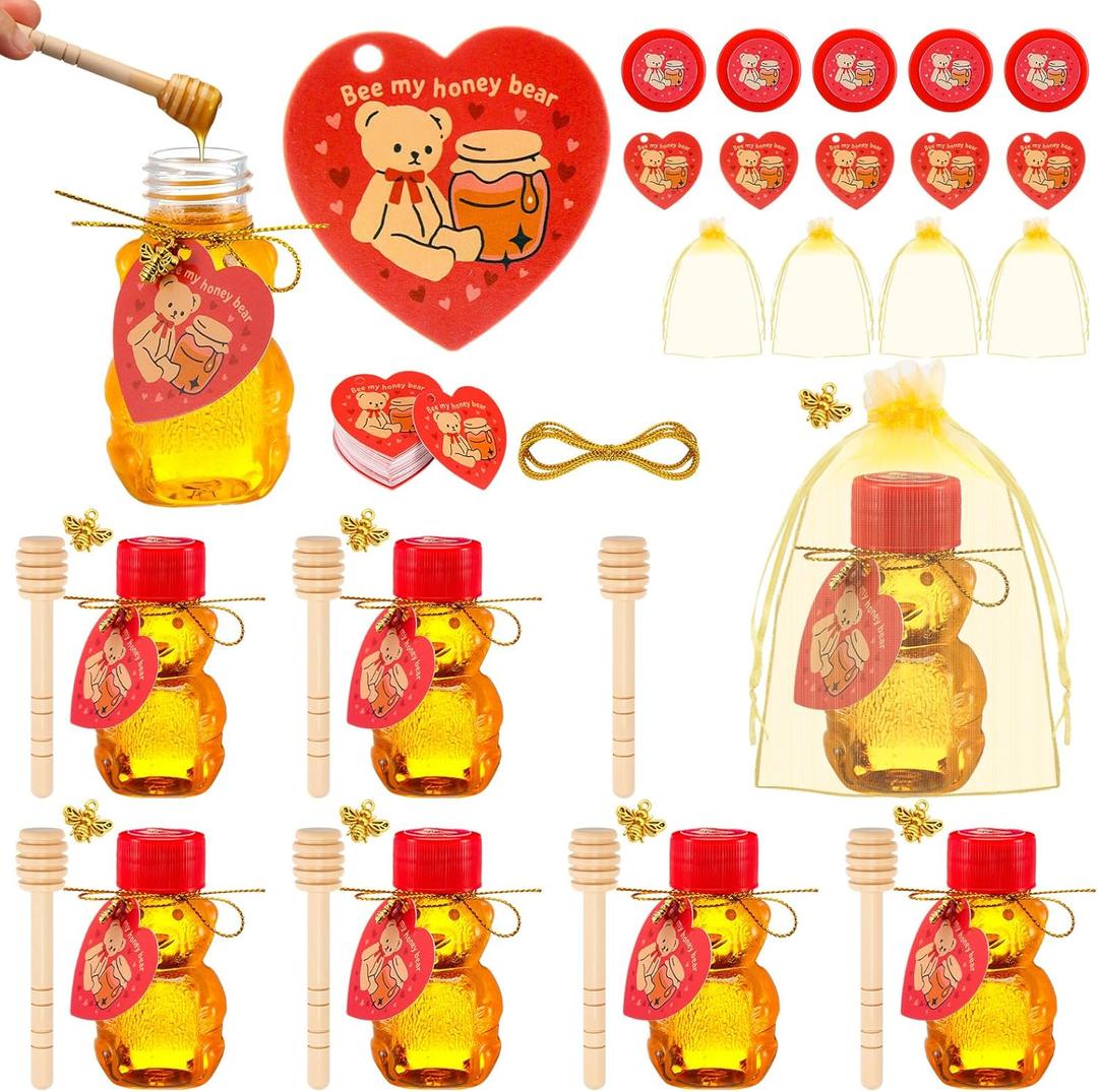 Yungyan 48 Sets 2 oz Honey Bear Bottles Bulk, Mini Plastic Honey Bear Jars with Gold Bee Pendants, Dippers, Lids, Gold Bags for Party Favors Exchange Gifts