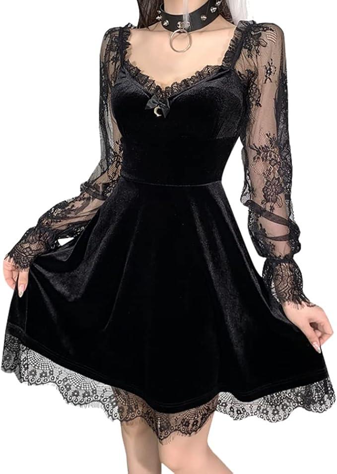 IKADEX Women Gothic Dress Vintage Lace Grunge Punk Goth Dresses Casual Cosplay Party Cocktail SIZE M ( black )