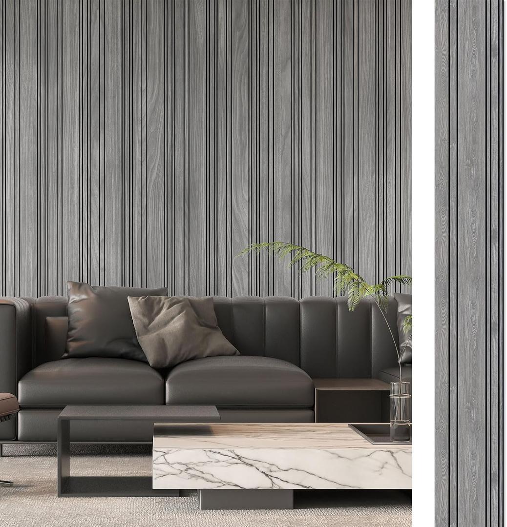 Art3d 4-Pack Glue-On Wall Panels, Wood Grain Texture Interior Wall Decor, 104"x12" Recycled Polystyrene Wainscoting Panels, Low Emission for Living Room Bedroom, Earth Grey Oak
