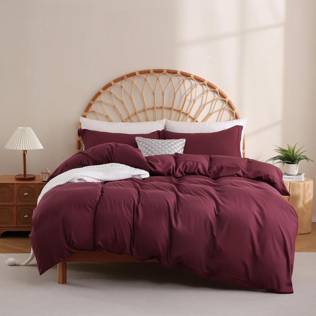 JSD Burgundy Duvet Cover Set Queen Size, 3 Piece Duvet Cover with Pillow Shams, Soft Brushed Microfiber Zipper Closure, Comforter Not Included