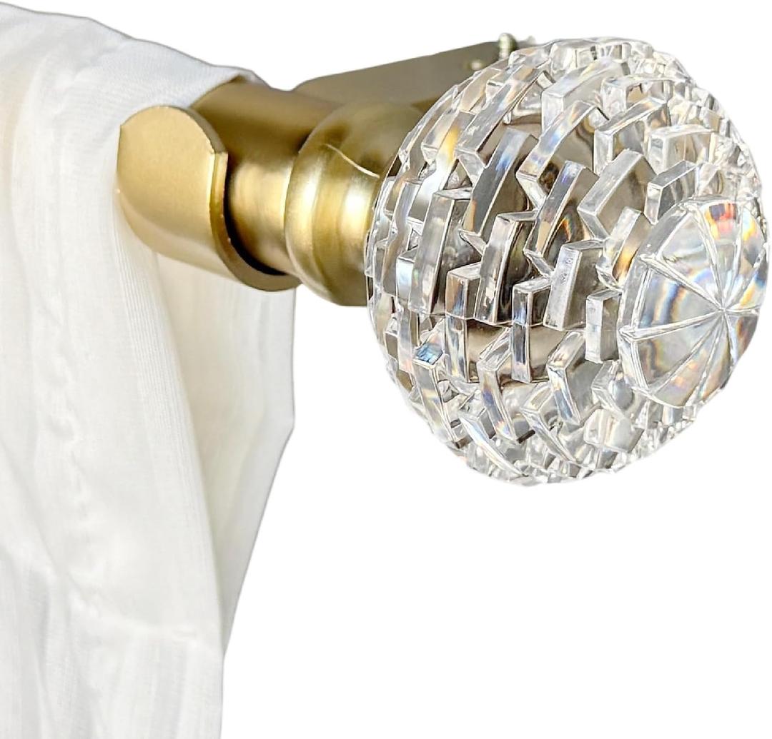 Brushed Gold Curtain Rod for Window 68-140 In, Crystal Ball End Drapery Rod 1 In Dia, 72-144 In Long Adjustable, Metal Single Rod, Acrylic Finials, Heavy Duty, Decorative Curtain Pole, For Bedroom Dorm