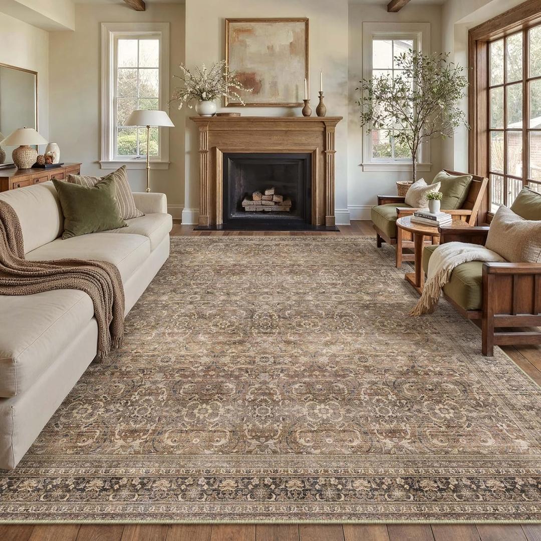 HUGEAR Area Rug 8x10 Vintage Brown Machine Washable Living Room Rugs Distressed Retro Floral Vacuumable Low Pile Carpet Bedroom Office Dining Room Laundry Room Non Slip Soft Lightweight