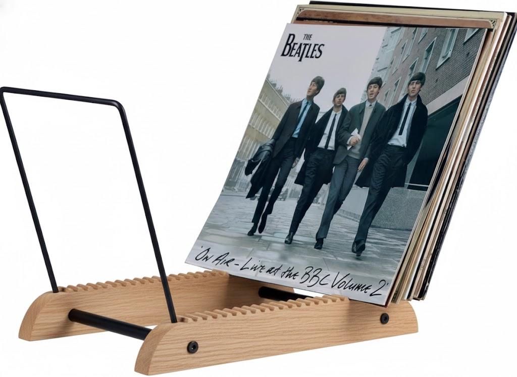 Extra-Large Vinyl Record Storage Holder Modern Album Display Solid Wood Stand with Black Metal Rack Home Decor Organizer for Vinyl Record, Holds up to 75 Albums, 14.2''L x 8.1''W x 10.7''H