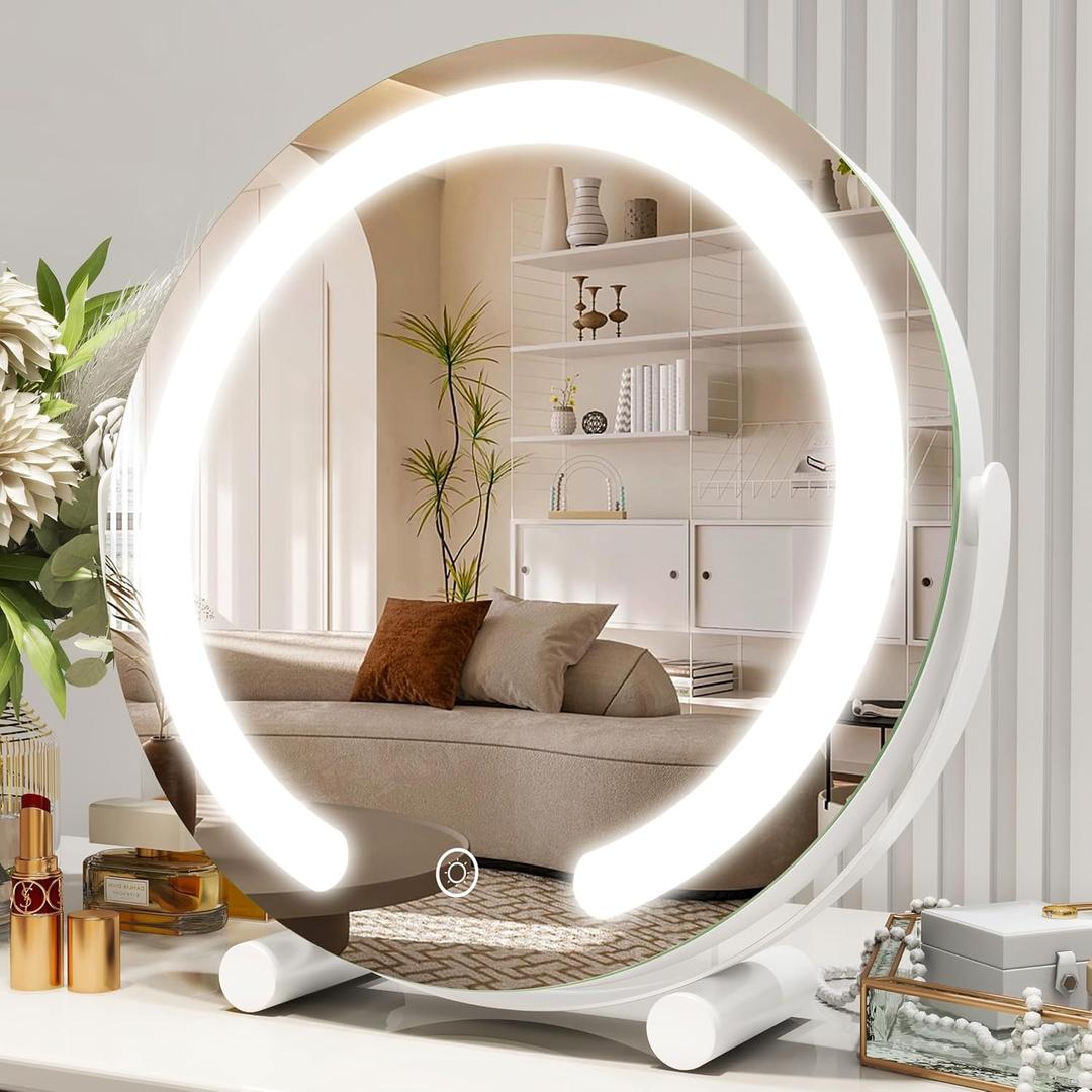 Vanity Mirror with Lights, 12 Inch Light Up Makeup Mirror, LED Makeup Mirror with Lights for Bedroom Tabletop, Smart Touch Control 3 Colors Dimmable, 360 Rotation, White (11.8"L x 11.8"W)