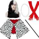 6 Pcs Short Black and White Wig with Faux Shawl, Red Gloves, Costume Stick, Pearl Necklace and Wig Cap for Halloween Costume Women