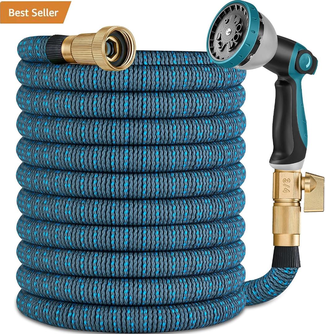 100FT Garden Hose -2026 Newly Upgraded Expandable Garden Hoses with 10 Function Spray Nozzle, Extra Strength Fabric, Pure Brass 3/4'' Fittings, Leak-Proof, Lightweight, Kink-Free Hose(Gray Blue)