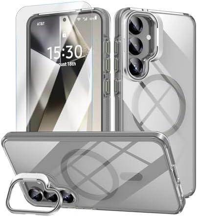 MATEPROX Compatible with Samsung Galaxy S25 Case with Stand, Magnetic Clear Crystal Shockproof Bumper Cover with Screen Protector for S 25 6.2'' (2025)-Grey