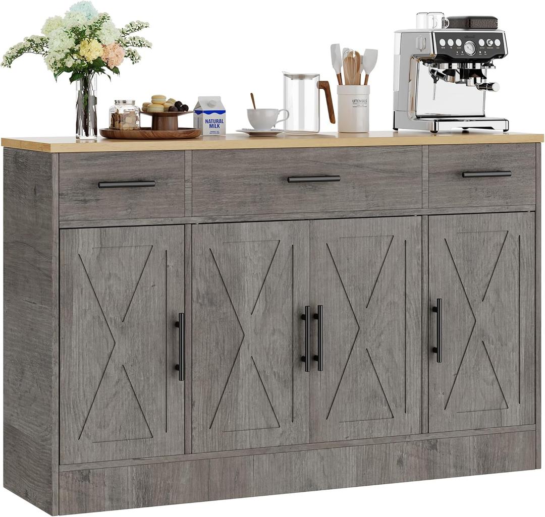 Shintenchi Buffet Cabinet with Storage,53.4" Large Kitchen Storage Cabinet with 3 Drawers and 4 Doors,Wood Farmhouse Buffet Sideboard with Adjustable Shelf for Kitchen Living Room, Gray (Open Compartment & 1 drawers & 2 doors, Grey)