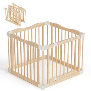 Foldable Wooden Playpen - Adjustable Wood Baby Play Yard with Child-Proof Lock, Indoor Large Safety Fence for Babies and Toddlers - Easy Assembly, 4 Panels