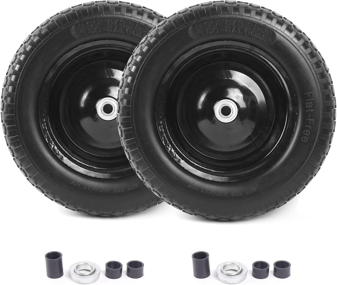 2 Pack 4.80/4.00-8" Flat Free Tire and Wheel - Universal Fit 14.5" Solid Wheelbarrow Tires with 3" Hub and 5/8" Bearings Extra Adapter kit includes 3/4" Ball Bearings, 1" and 1/2" Nylon Spacers