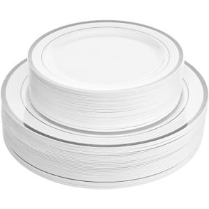 Aya's 100 Silver Rimmed Disposable Plates Set, Heavy Duty - 50 Dinner and 50 Dessert Plastic Plates for Party - Elegant White and Silver Design, Durable Tableware for Weddings, Events and Celebrations