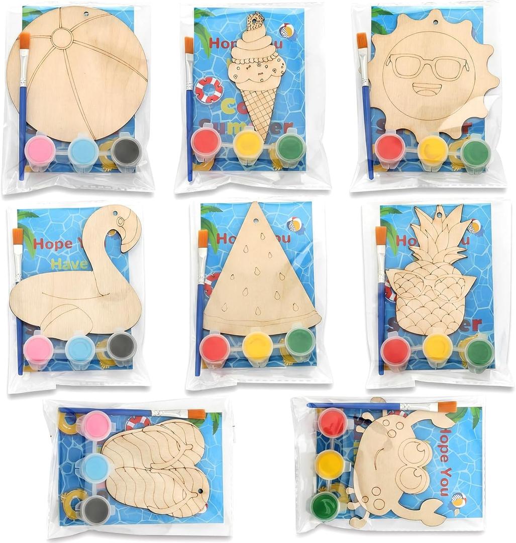 Saypacck 24 Pcs Summer Party Favors Have a Summer Beach Hawaiian Wooden Craft Kits Tropical Hawaiian Wooden Painting Art with for Pool Beach Birthday Goodie Bags Fillers Gifts Organza Bag