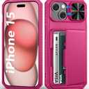 BXYJY for iPhone 15, iPhone 14, iPhone 13 Wallet Case with Card Holder(4-5 Cards), Slide Camera Cover, Military Grade Drop Protection, Heavy Duty Girly Men Phone Case for iPhone 15/14/13, Hot Pink