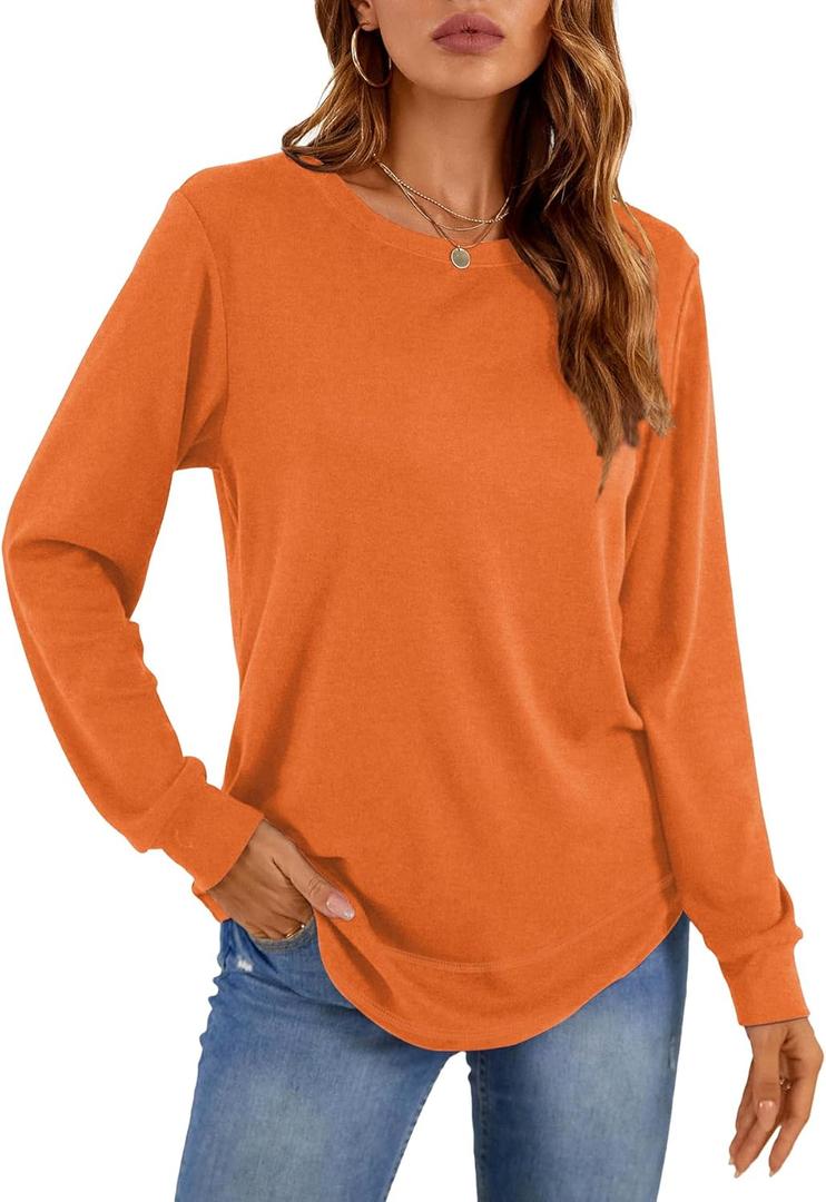 Womens Long Sleeve T Shirts Casual Tops Dressy Fashion Blouses Tunics for Leggings (Orange)