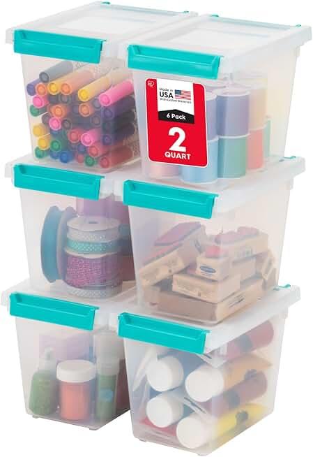 IRIS USA 2 Qt. Craft Storage Bins with Lids, 6-Pack, |Made in USA|, Clip Box, Small Tall Plastic Sensory Bin Tote Organizer Containers for Art Supplies, Paper, & Office, Stackable - Clear/Seafoam Blue