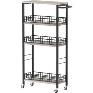 4 Tier Slim Storage Cart Narrow Laundry Cart on Wheels Utility Kitchen Rolling Cart with Wood Tabletop Mobile Shelving Unit Bathroom Storage Organizer Slide Out Rolling Tower for Narrow Spaces (Grey)