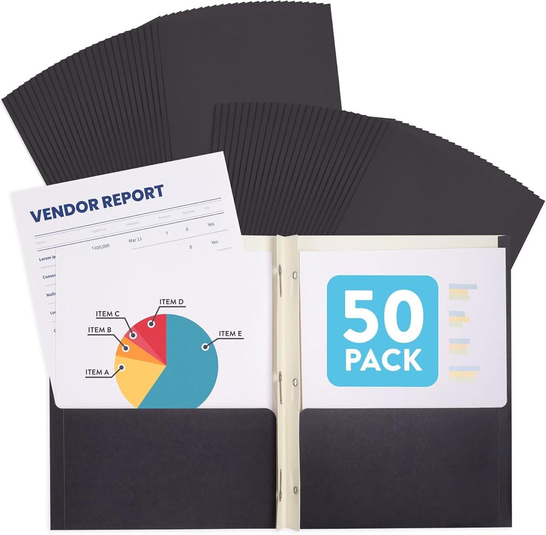 Blue Summit Black Pocket Folders with Prongs, Black Folders with Prongs, 2 Pocket Folder with 3 Brads, Paper, 50 Pack