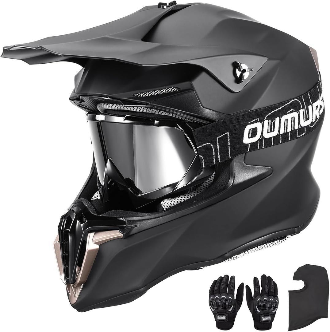 Adult ATV Dirt Bike Helmet with Goggles Gloves & Mask Adjustable Sun Visor Motorcycle Adult Helmet Off-Road Motocross Downhill Moped MX for Unisex-Adult (Large, Matte Black)