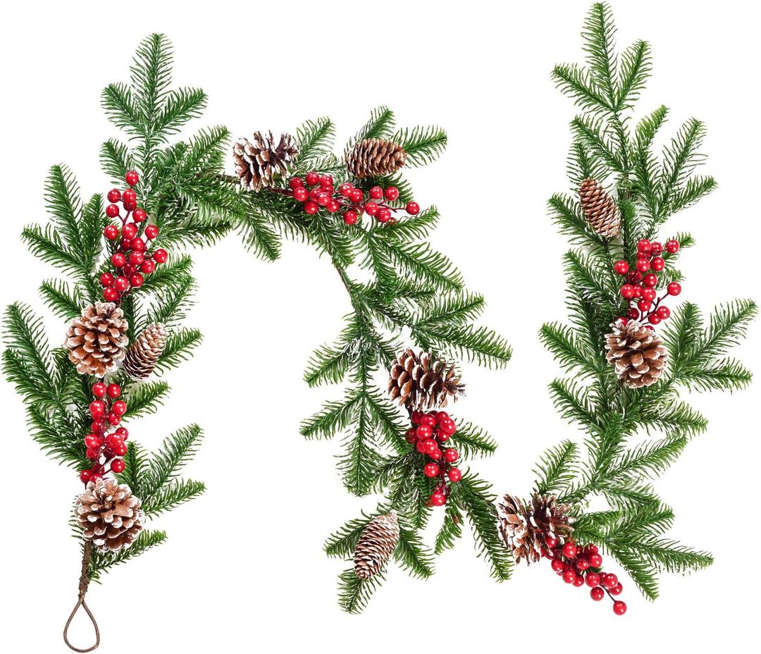 DearHouse 6FT Artificial Christmas Pine Garland with Red Berry Branch Pine Cone Winter Greenery Garland for Holiday Season Mantel Fireplace Table Runner Centerpiece Dcor