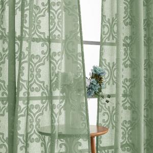 Aiyufeng Green Sheer Curtains 63 Inc Length 2 Panels Set, 3D Floral Clip Jacquard Light Filtering Semi Sheer Curtain Transparent Rod Pocket Window Curtain Panels for Bedroom Living Room, 54Wx63L Inch
