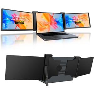 12" Triple Laptop Screen Extender, 1080P IPS FHD Portable Laptop Monitor Extended, Plug & Play Screen Extender with USB-C/HDMI for Mac/Windows/Chrome/Android, Black