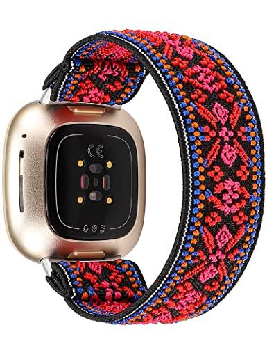 TOYOUTHS Compatible with Fitbit Sense/Sense 2 Band/Versa 3/Versa 4 Bands Women Men Dressy Elastic Nylon Fabric Strap Stretchy Sport Wristband Accessories Replacement for Fitbit Versa 4, Boho Red/Small
