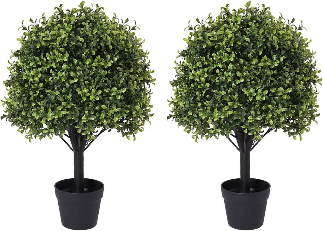 27 Realistic Artificial Boxwood Topiary Trees Set of 2, Faux Boxwood Plants Outdoor UV-Resistant, No Maintenance Curb Appeal Fake Evergreen Bushes & Shrubs for Front Porch Outside Planter Decor (Gjl)