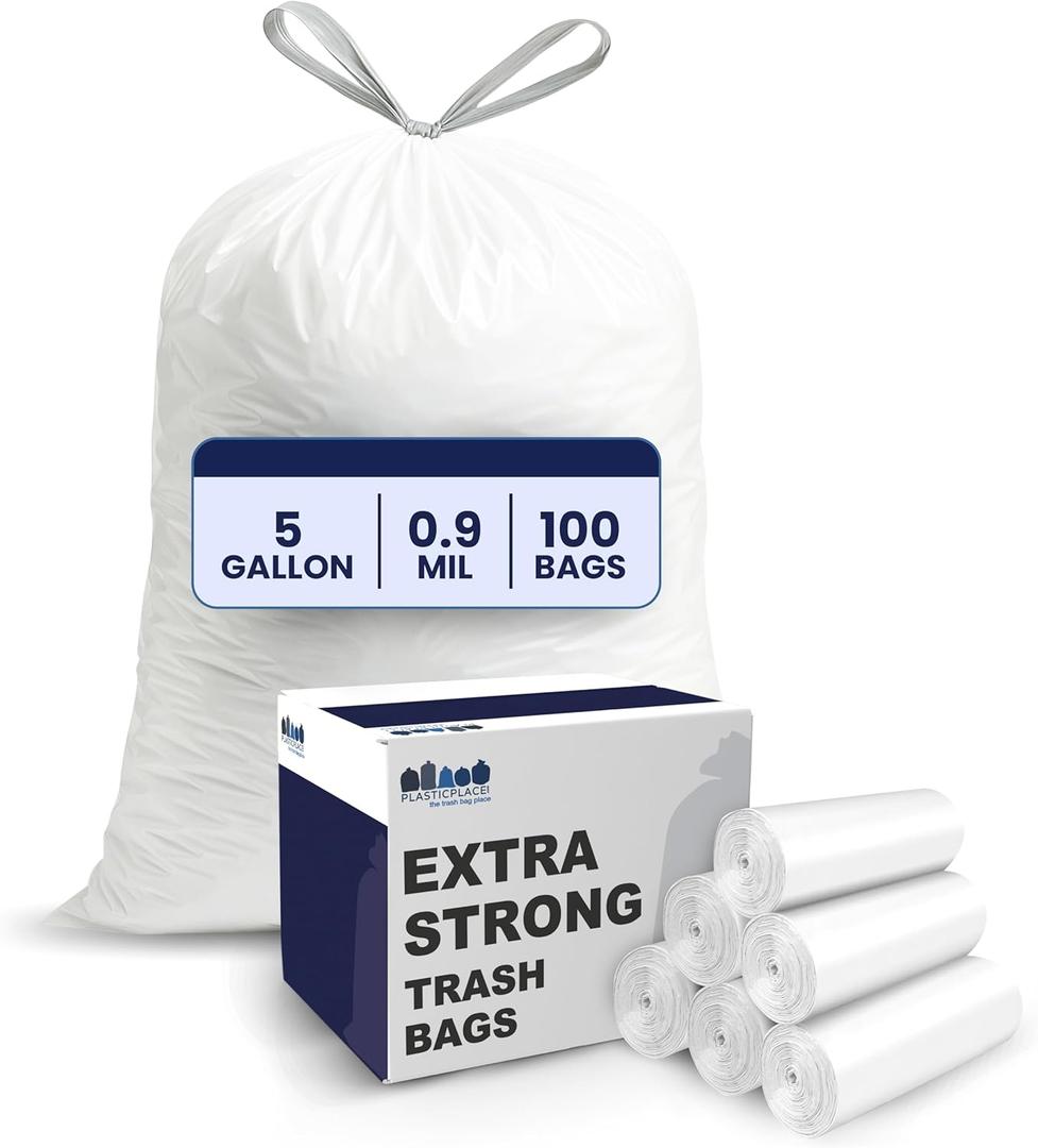 Plasticplace 5 Gallon Trash Bags - White Drawstring Garbage Bag Liners, 19" x 25" (100 Count) Durable, Leak-Proof, Multi-Purpose Tall Kitchen, Bathroom, Office and Car TrashBags Plastic Bags 0.9 Mil