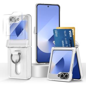 Card Holder Case for Samsung Galaxy Z Flip 5/6/7 FE with Ring and Hinge Protection, 2X Screen Protectors, Slim Wallet Cover Hard PC Anti-Fingerprint Matte Shell, Frosted White