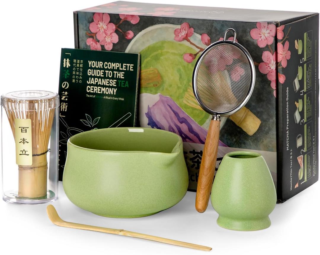 Nucookery Matcha Whisk Set - 5 Pcs Matcha Set with 18oz Ceramic Matcha Bowl (Chawan) with Spout, Bamboo Whisk & Holder, Scoop and Sifter | Complete Matcha Kit for Japanese Tea Ceremony (Moss-Kiln Celadon)