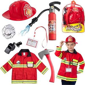 Fireman Gear Firefighter Costume Role Play Career Dress Up Starter Toy Accessories Pretend Play Set with Helmet, Tools for Kids, Toddlers