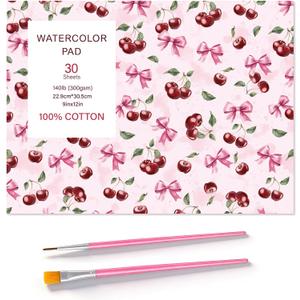 Watercolor Paper Pad 9x12 in, 30 Sheets 140Lb Cold Press, 2 Brushes